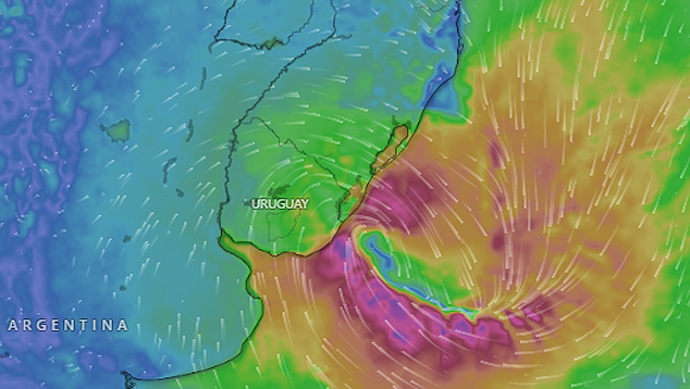 Proje��o dos ventos em superf�cie para �s 6h do dia 8, durante forma��o de novo ciclone. Cr�dito: Modelo ECMWF/WINDY
