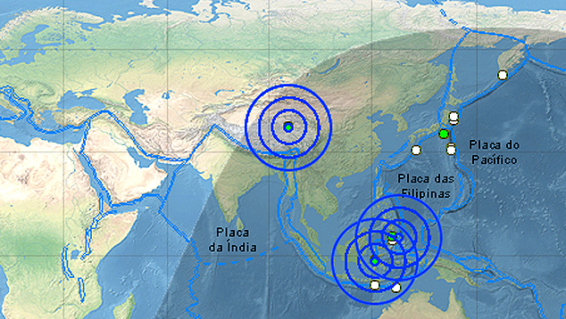 Mapa mostra os epicentros de intensos tremores ocorridos nas �ltimas 24h. Em detaque os sismos da China, Indon�sia e Filipinas. Cr�dito: Painel Global 