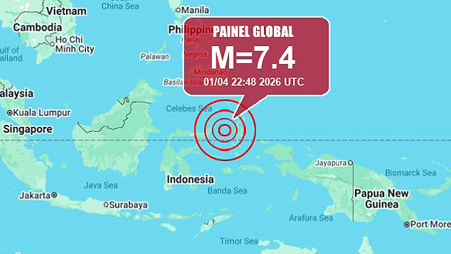 Mapa mostra localiza��o do poderoso abalo de 7.4 magnitudes, registrado no Mar de Moluccas. Cr�dito: Painel Global/Google Maps 