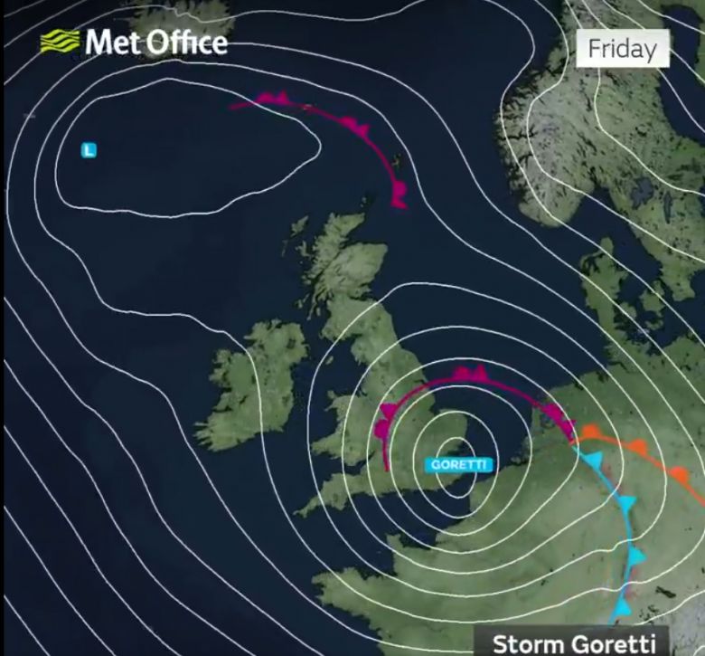 Mapa de previs�o mostra �rea de atua��o da tempestade Goretti no dia 9. Cr�dito: Met Office