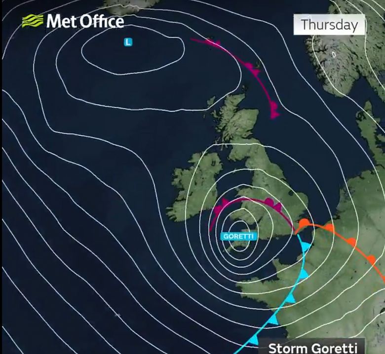 Mapa de previs�o mostra �rea de atua��o da tempestade Goretti no dia 8. Cr�dito: Met Office