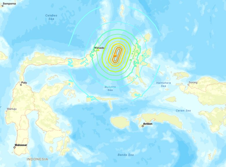 Mapa mostra o alcance das ondas s�smicas que atingiram principalmente o norte da Indon�sia. Cr�dito: USGS