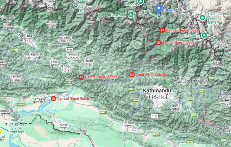 Mapa mostra a grande �rea atingida pelas  inunda��es ao norte e oeste de Kathmandu, no Nepal. Cr�dito: GoogleMaps