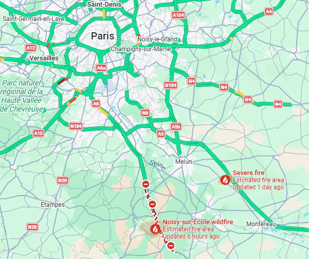 Mapa mostra localiza��o dos focos de inc�ndio ativos ao sul de Paris. Cr�dito: GoogleMaps