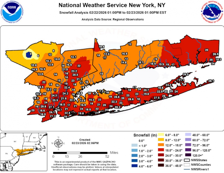 Quantidade de neve observada entre os dias 22 e 23 no estado de Nova York. Cr�dito: NWS/@NWSNewYorkNY