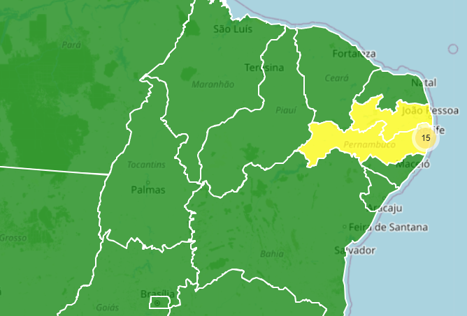 Mapa mostra risco de movimenta��o de massa para 15 �reas de PE e PB no dia 6 de maio. Cr�dito: CEMADEN 