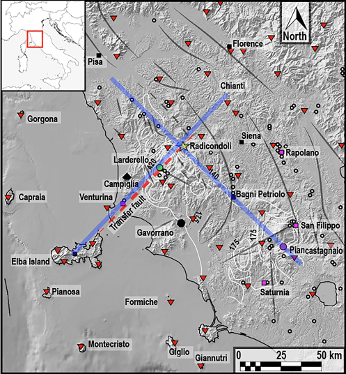 Mapa mostra a distribui��o das redes s�smicas utilizadas no estudo do reservat�rio de magma na Toscana. Cr�dito: Sistema geot�rmico de Larderello, It�lia. 
