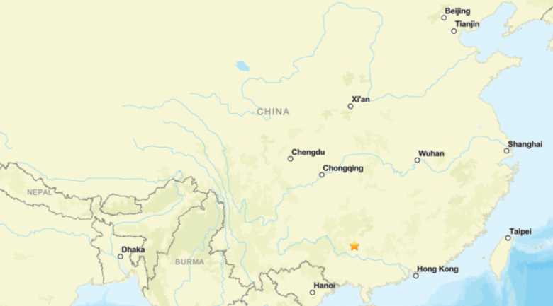 Mapa indica epicentro do terremoto ocorrido nesta madrugada no sudeste da China. Cr�dito: USGS 