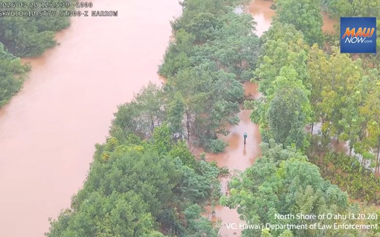 Situa��o em Oahu ap�s as chuvas volumosas dos �ltimos dias. Cr�dito: imagem por drone/ divulga��o <BR>Departamento de Pol�cia do Hava� 