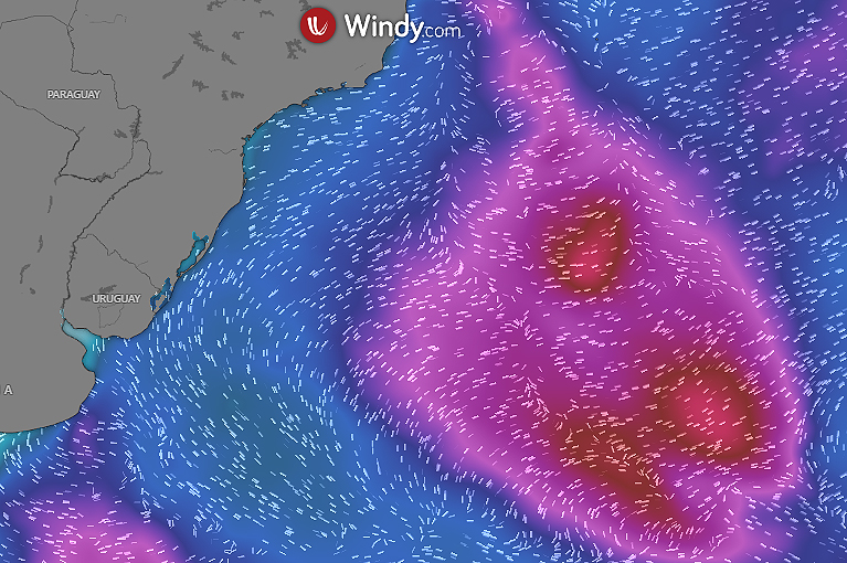 Proje��o das ondas em alto mar ao largo da costa do BR, onde a tempestade subtropical Caiob� est� atuando mais ao Sul. Cr�dito: WINDY/Modelo GFS Wave   