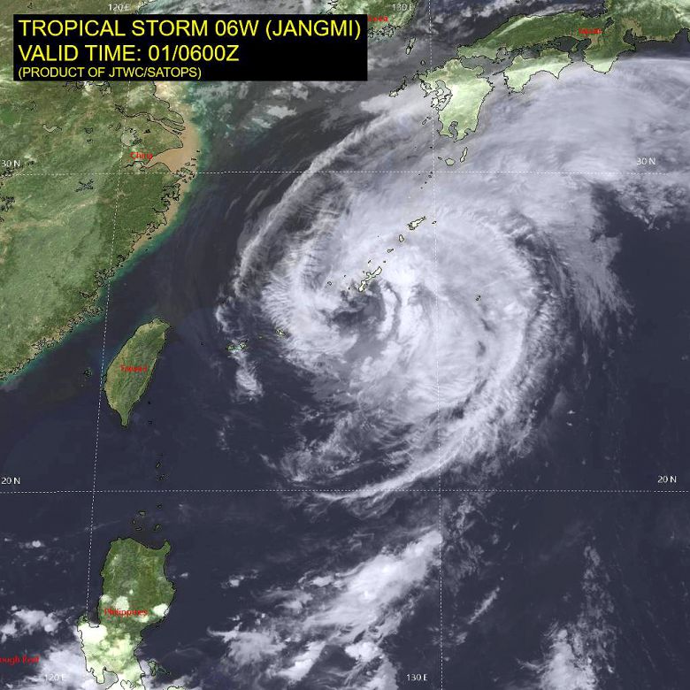 Imagem de sat�lite mostra nuvens da tempestade Jangmi sobre as ilhas ao sul do Jap�o no dia primeiro. Cr�dito: JTWC
