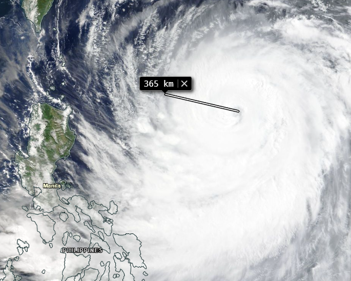 Imagem de sat�lite mostra a dist�ncia de uma das bordas ao centro de Bavi, atingindo cerca de 300 km no dia 9. Cr�dito: Worldview/NASA.