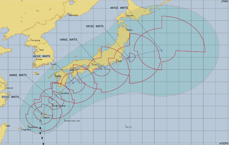 Trajeto estimado para Jangmi nos pr�ximos dias. Cr�dito: JTWC