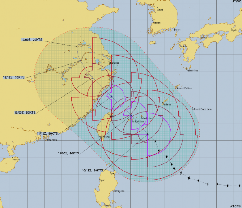 Trajeto estimado para Bavi nos pr�ximos dias. Cr�dito: JTWC