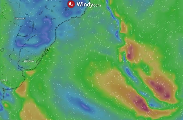 Proje��o dos ventos em alto mar onde a tempestade subtropical Caiob� est� atuando, localizada mais ao Sul. Cr�dito: WINDY/GFS